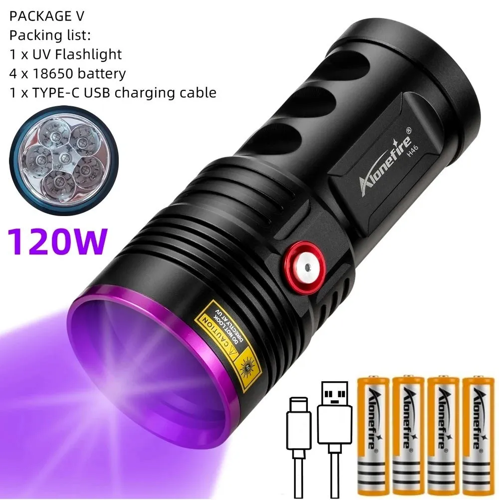 120W 6x365nm UV Powerful Ultraviolet Flashlight USB Rechargeable Blacklight Torch Curing Money Ore Scorpion Fluorescent Detector