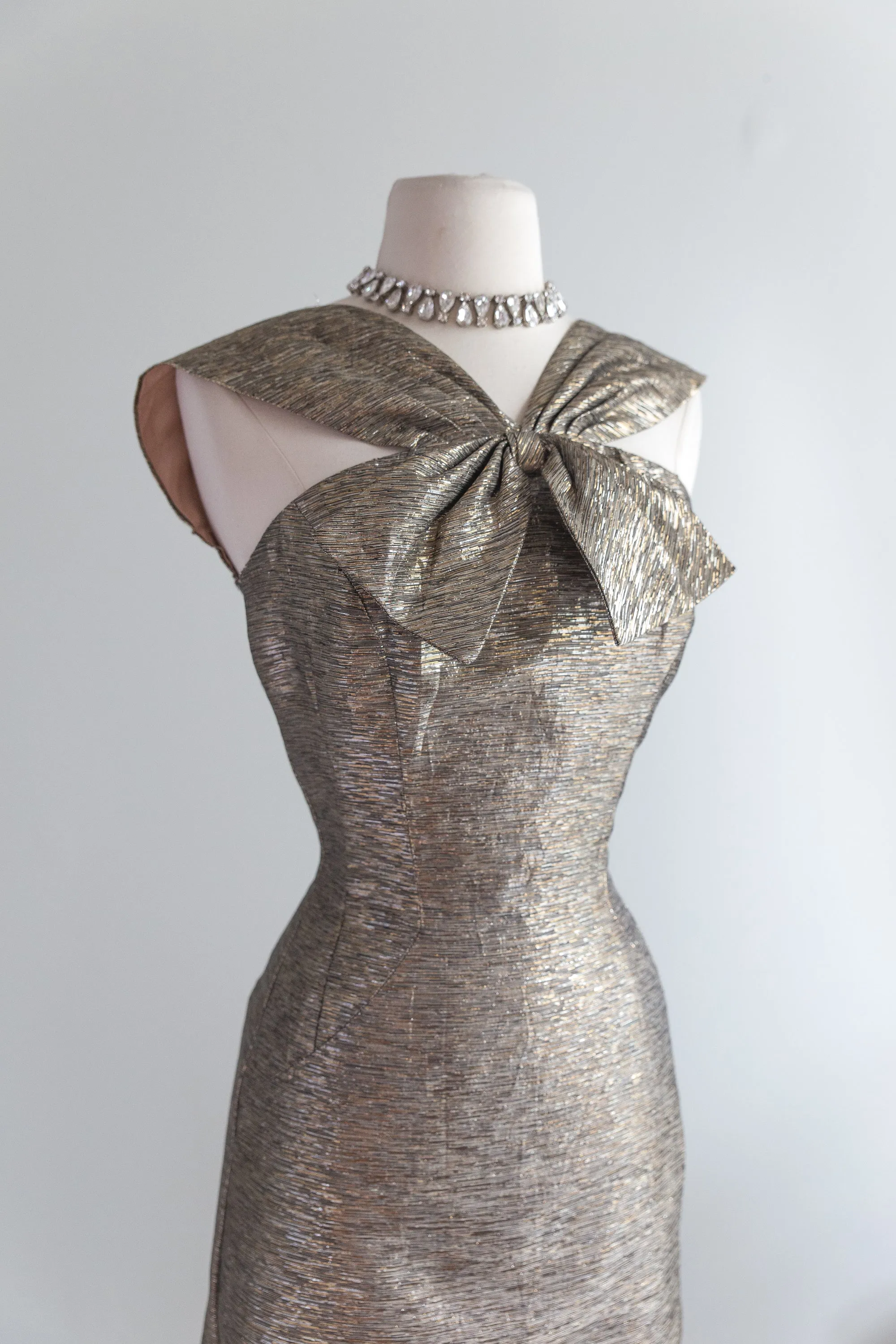 1950's Lilli Diamond Metallic Gold Wiggle Dress With Bow Neckline / Waist 26