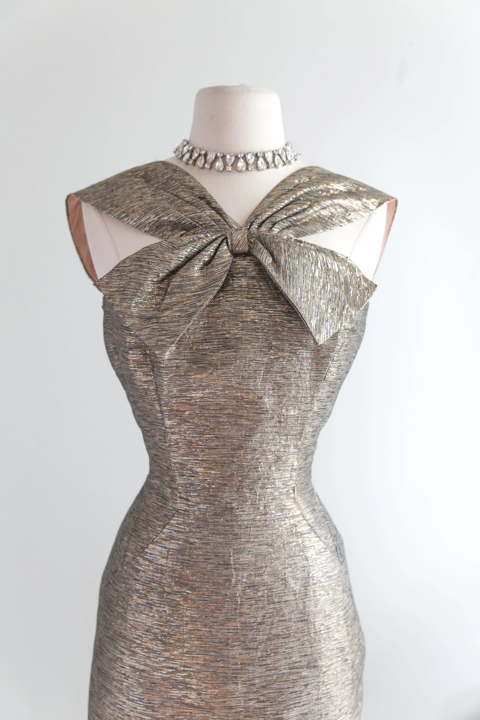 1950's Lilli Diamond Metallic Gold Wiggle Dress With Bow Neckline / Waist 26