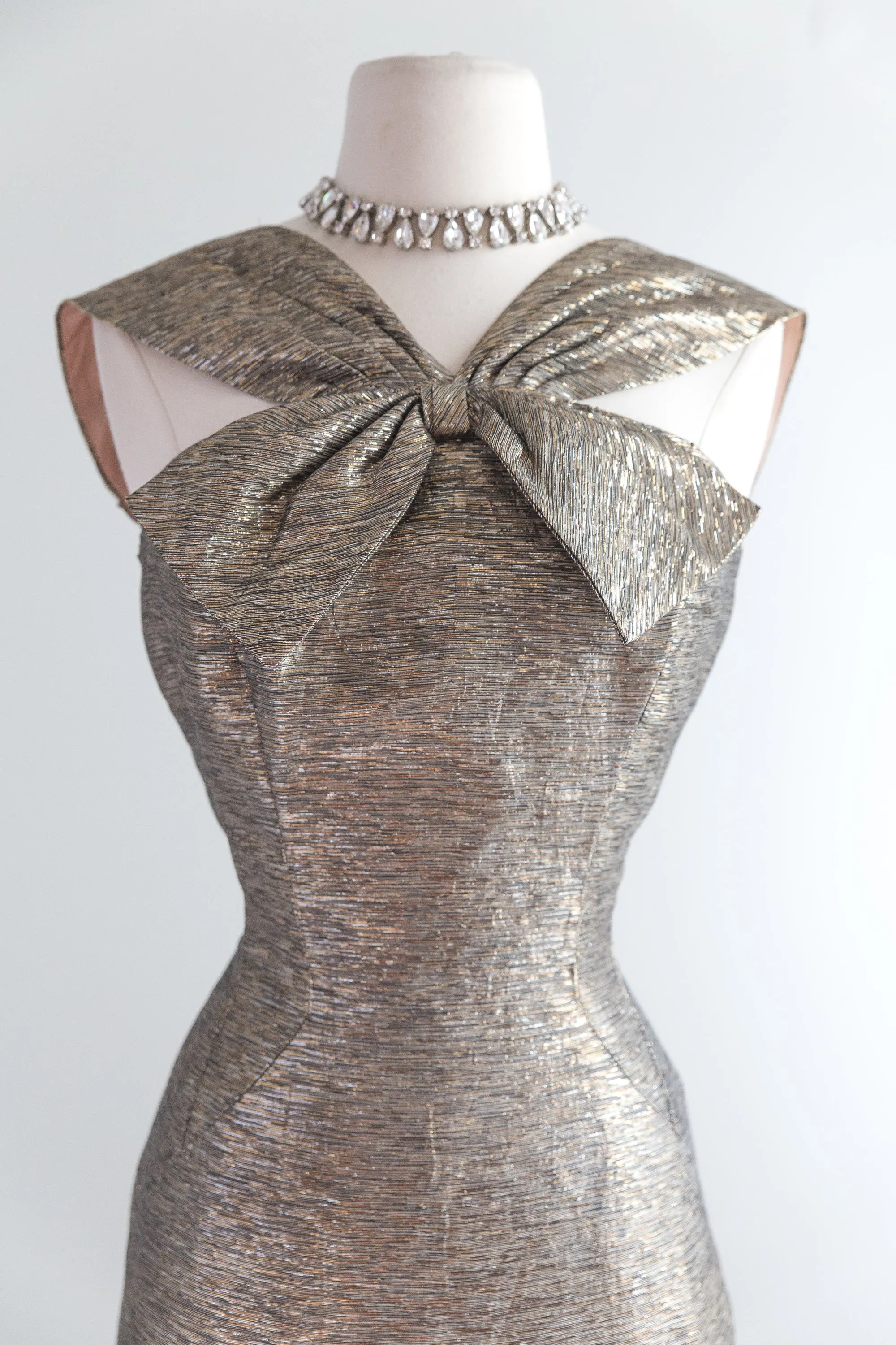 1950's Lilli Diamond Metallic Gold Wiggle Dress With Bow Neckline / Waist 26