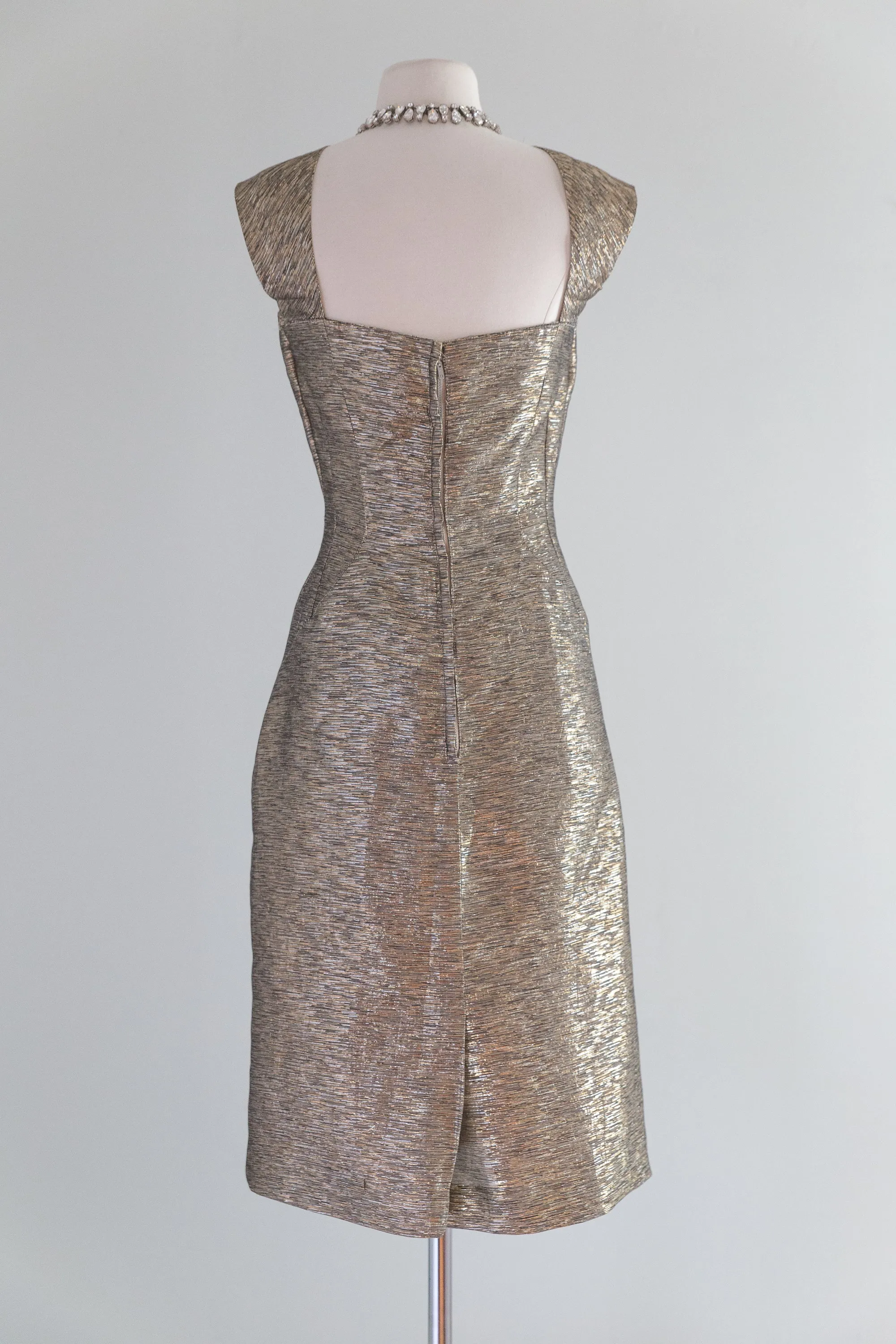 1950's Lilli Diamond Metallic Gold Wiggle Dress With Bow Neckline / Waist 26