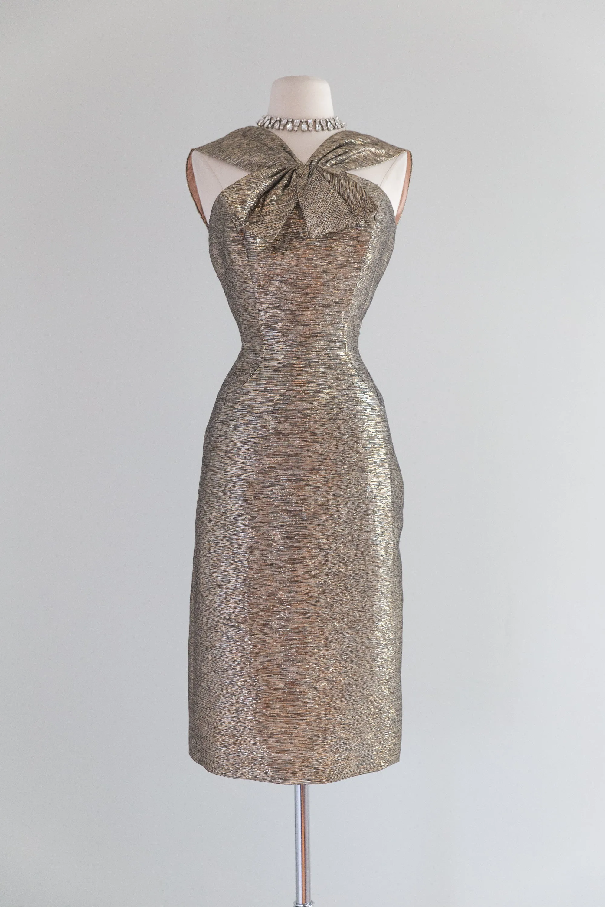 1950's Lilli Diamond Metallic Gold Wiggle Dress With Bow Neckline / Waist 26