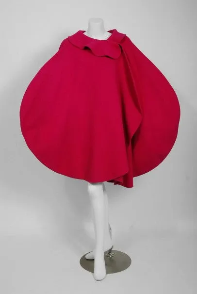 1987 Pierre Cardin Haute-Couture Magenta Pink Wool Avant Garde Fin-Back Coat