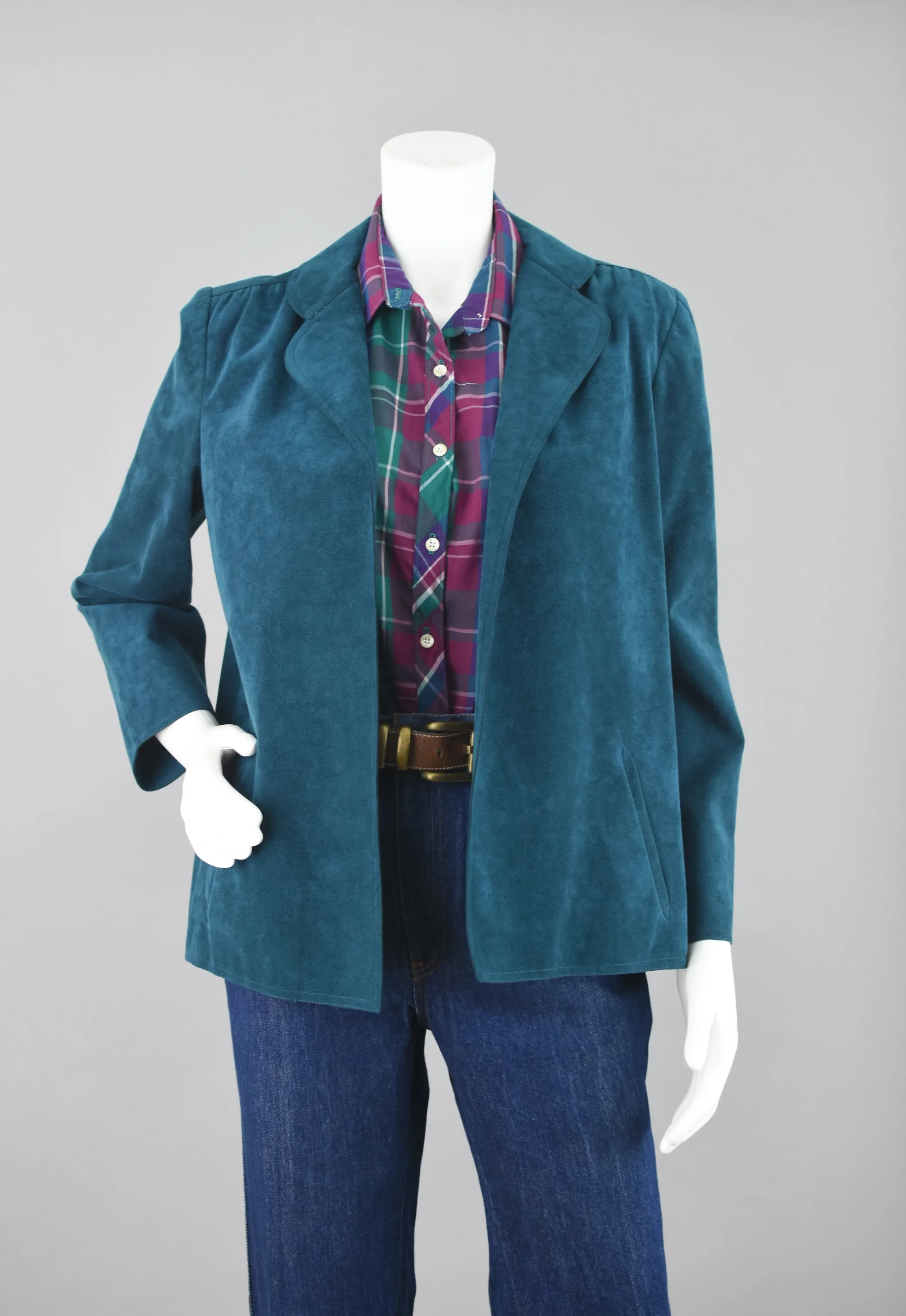 70s Vegan Suede Teal Open Front Blazer Medium - Large