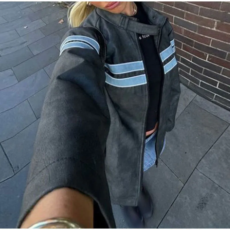 Advbridge frat outfits Striped Leather Jacket Coat 2024 Fashionable Women's Autumn and Winter Zipper Long Sleeve Coat