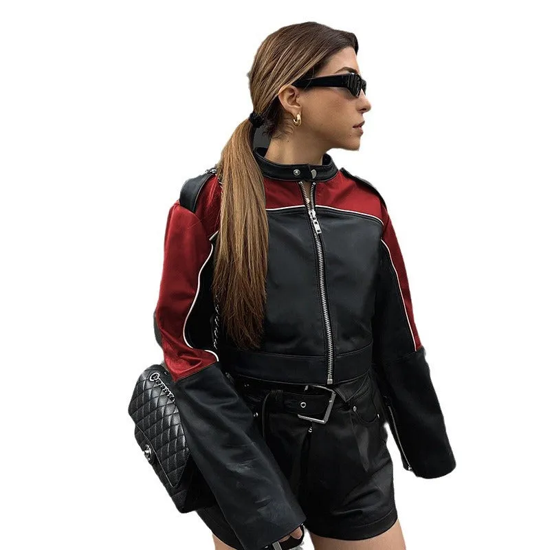 Advbridge starboy outfit 2024 American Street Motorcycle PU Leather Jacket Personality Contrast Color Long Sleeve Leather Zipper Cardigan Hot Girl Short Coat Autumn