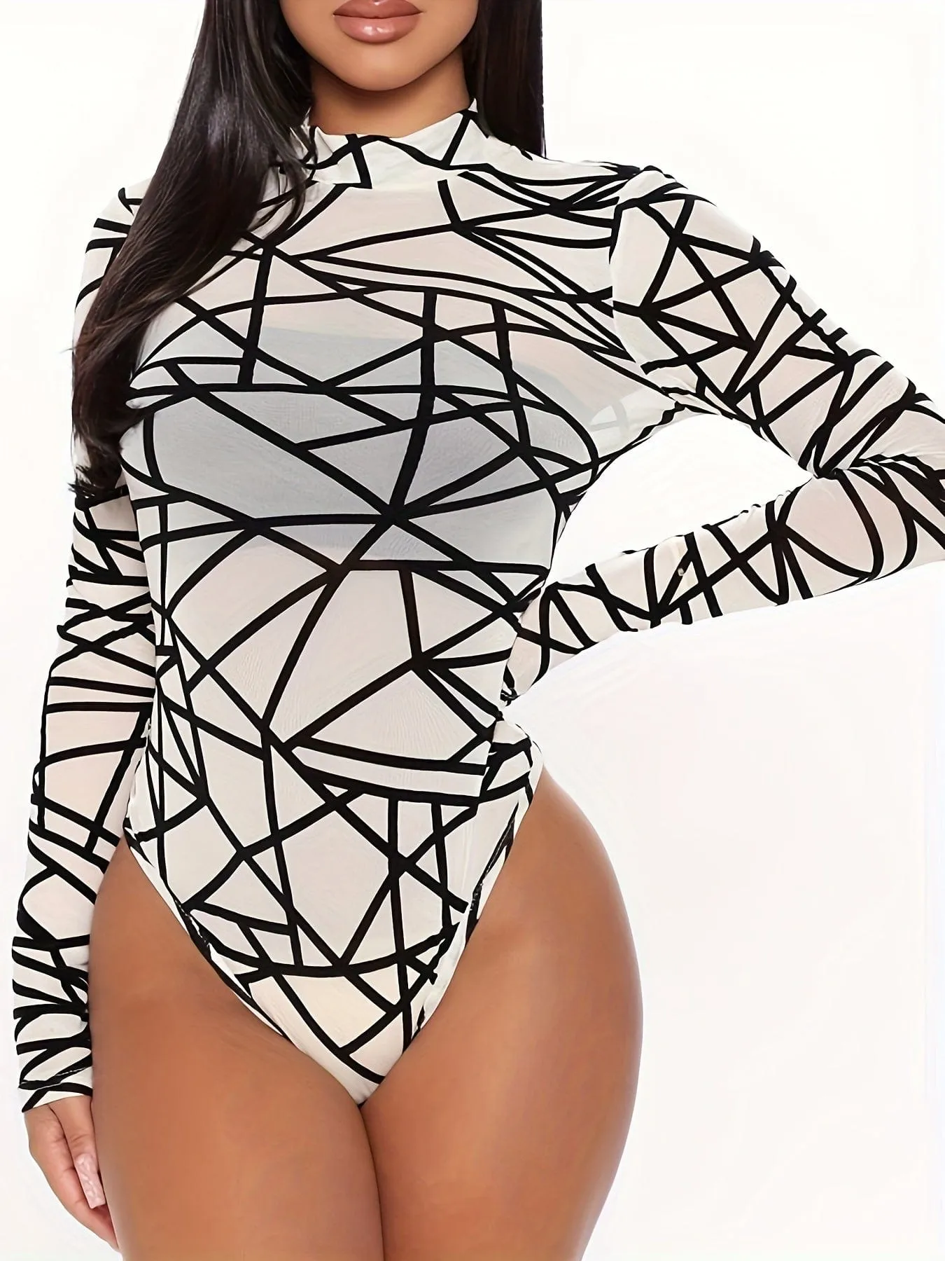 Alpha C Sexy Geometric Pattern Mesh Bodysuit High Neck Long SleeveHigh Cut Lingerie Underwear