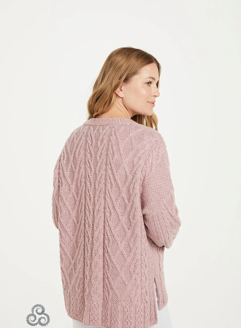 Aran - Vented box Cardigan with Buttons and trellis - Pink