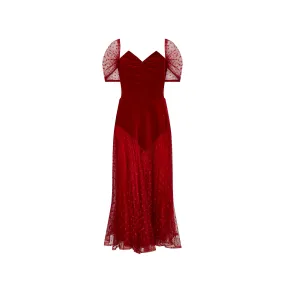 ARCHIVE - 1950s Red Velvet and Swiss Dot Tulle Evening Dress