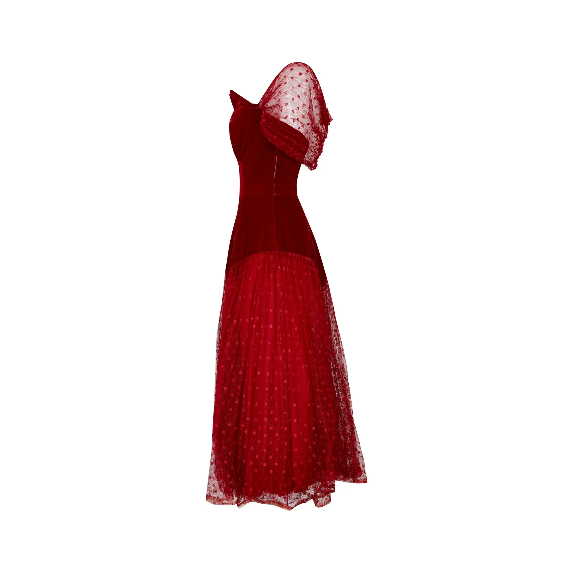 ARCHIVE - 1950s Red Velvet and Swiss Dot Tulle Evening Dress