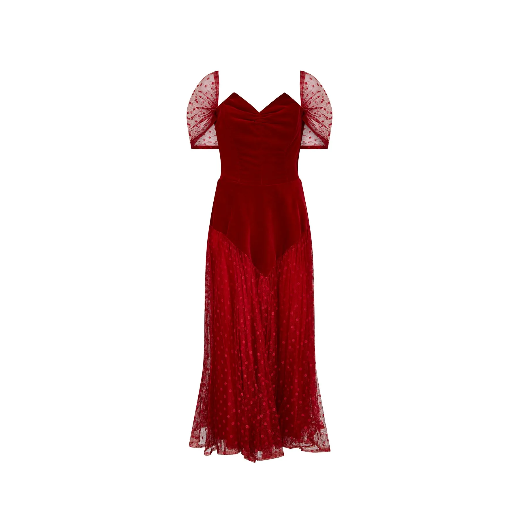 ARCHIVE - 1950s Red Velvet and Swiss Dot Tulle Evening Dress