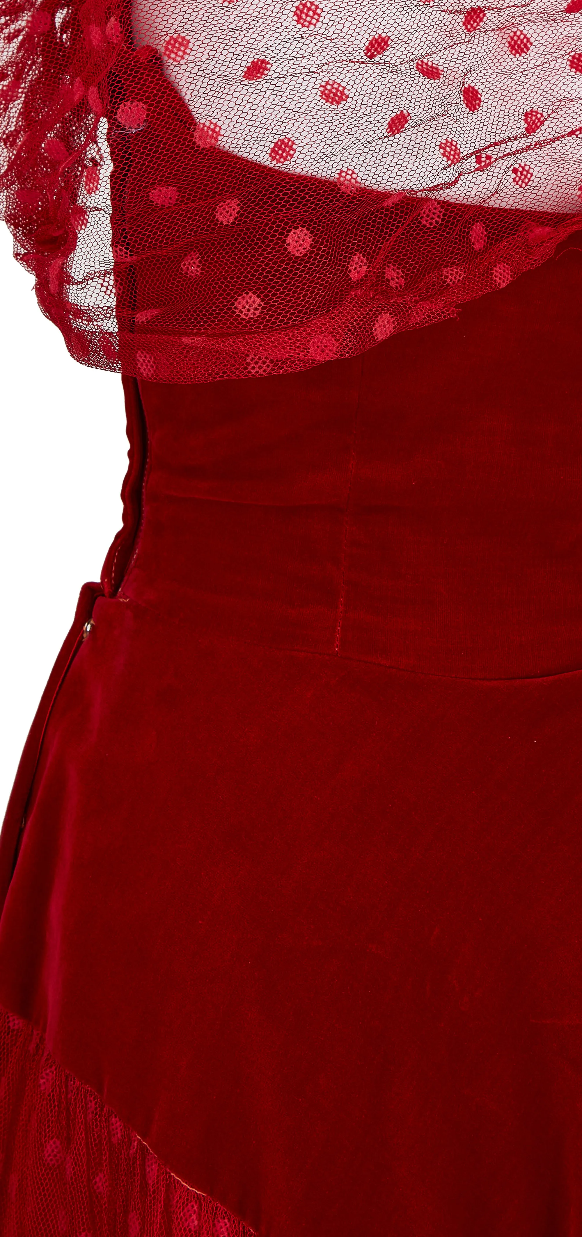 ARCHIVE - 1950s Red Velvet and Swiss Dot Tulle Evening Dress