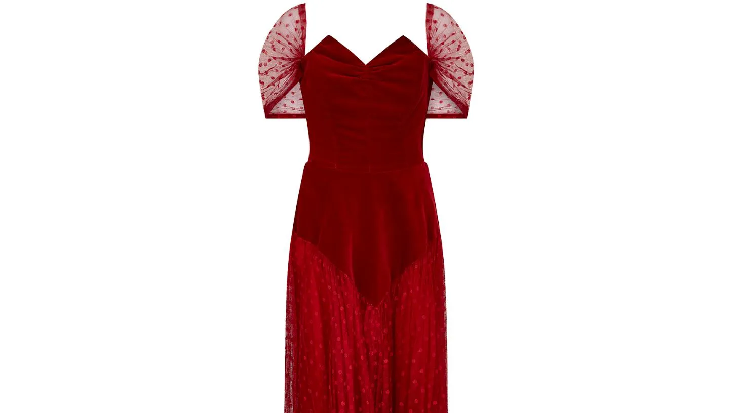 ARCHIVE - 1950s Red Velvet and Swiss Dot Tulle Evening Dress