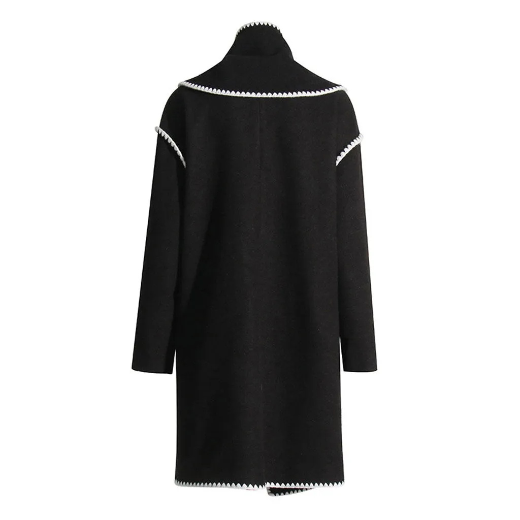 Asymmetrical Contrast Whipstitch Drop Sleeve Button Up Oversized Scarf Coat