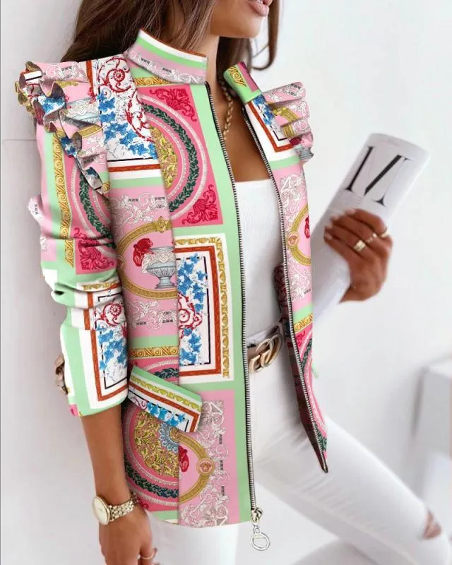 Autumn And Winter Ruffled Long Sleeve Zipper Printing Blazer