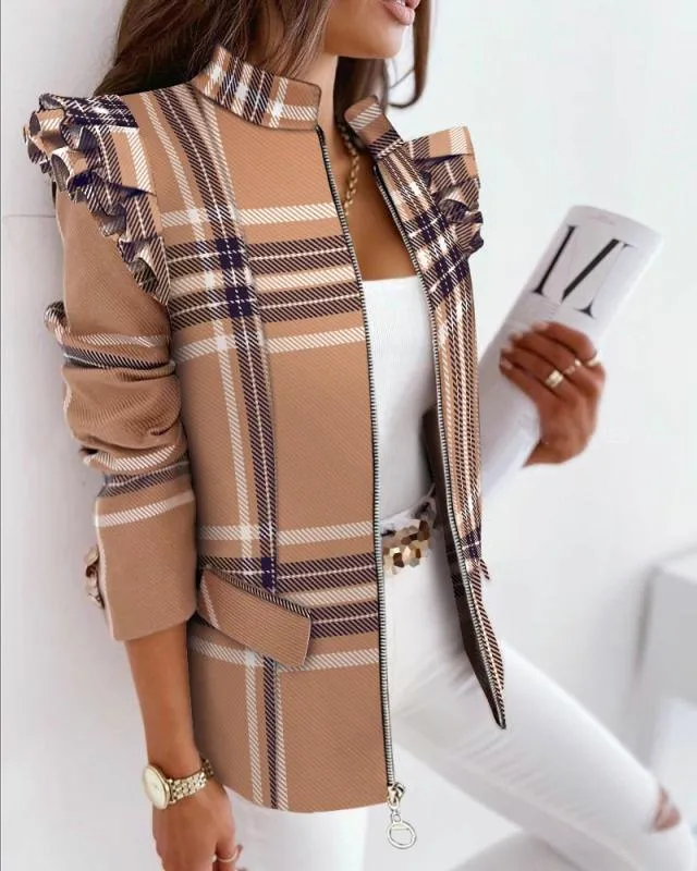 Autumn And Winter Ruffled Long Sleeve Zipper Printing Blazer