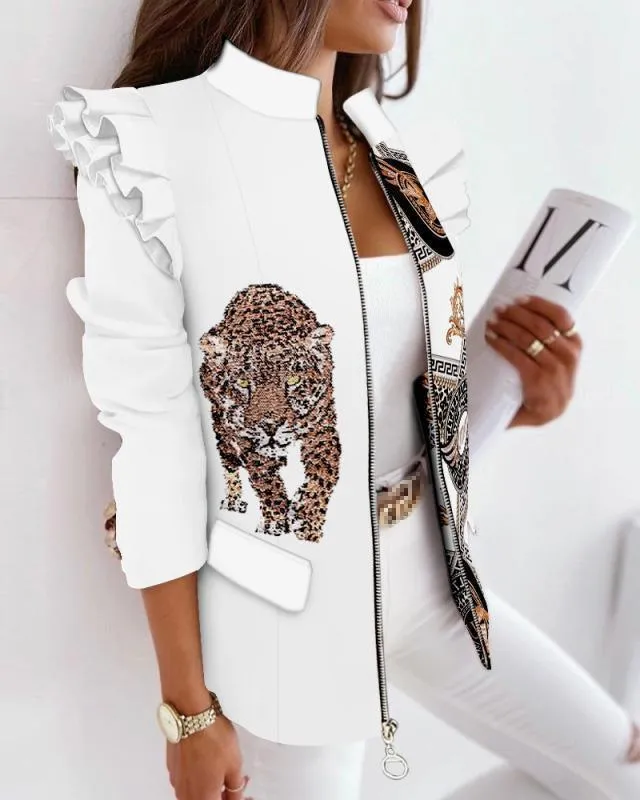 Autumn And Winter Ruffled Long Sleeve Zipper Printing Blazer