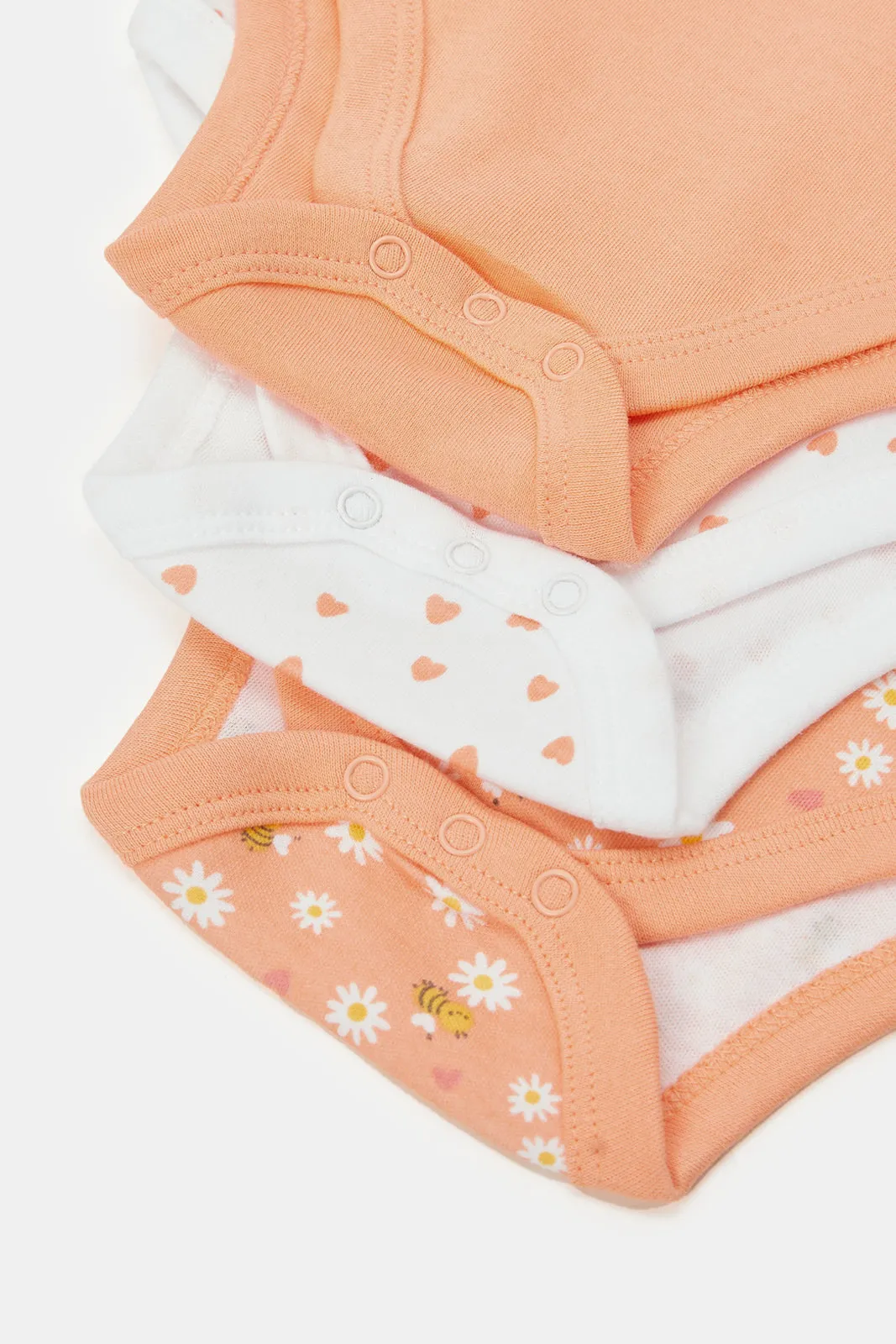 Baby Orange And White Printed Bodysuit Set (Pack Of 3)