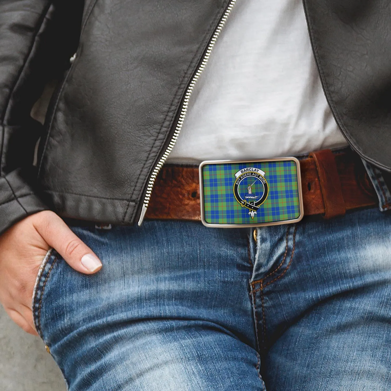 Barclay Hunting Ancient Tartan Belt Buckles with Family Crest