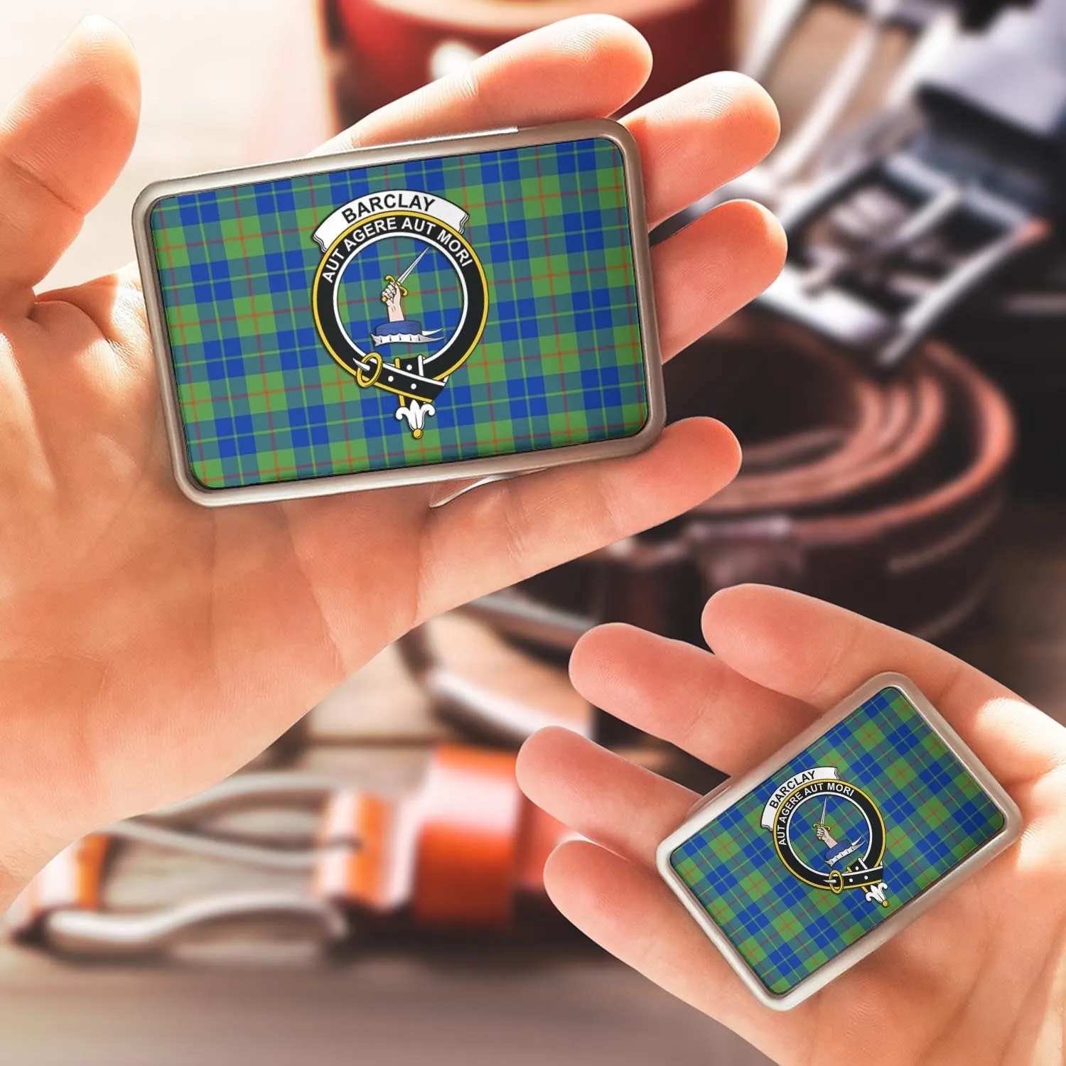 Barclay Hunting Ancient Tartan Belt Buckles with Family Crest