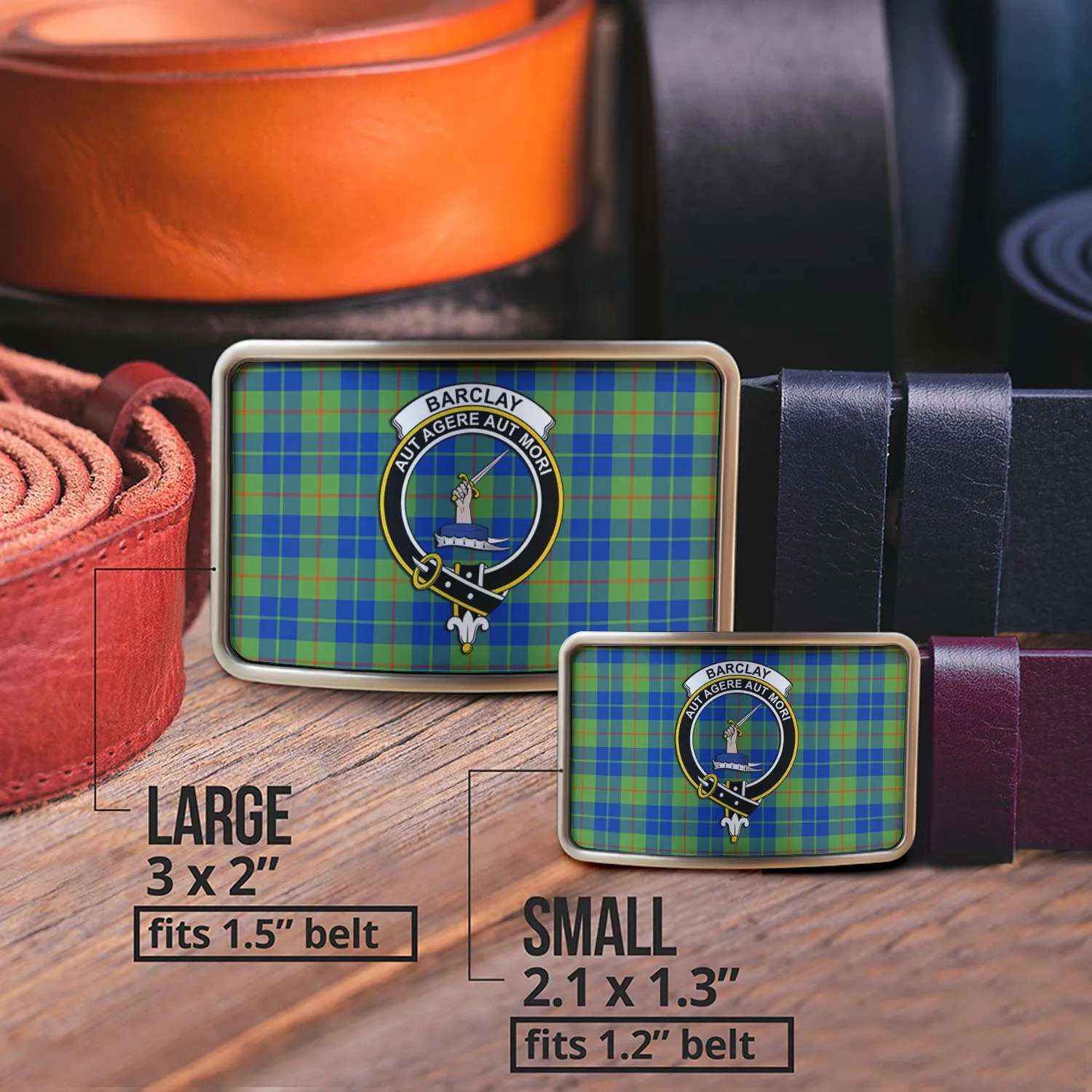 Barclay Hunting Ancient Tartan Belt Buckles with Family Crest