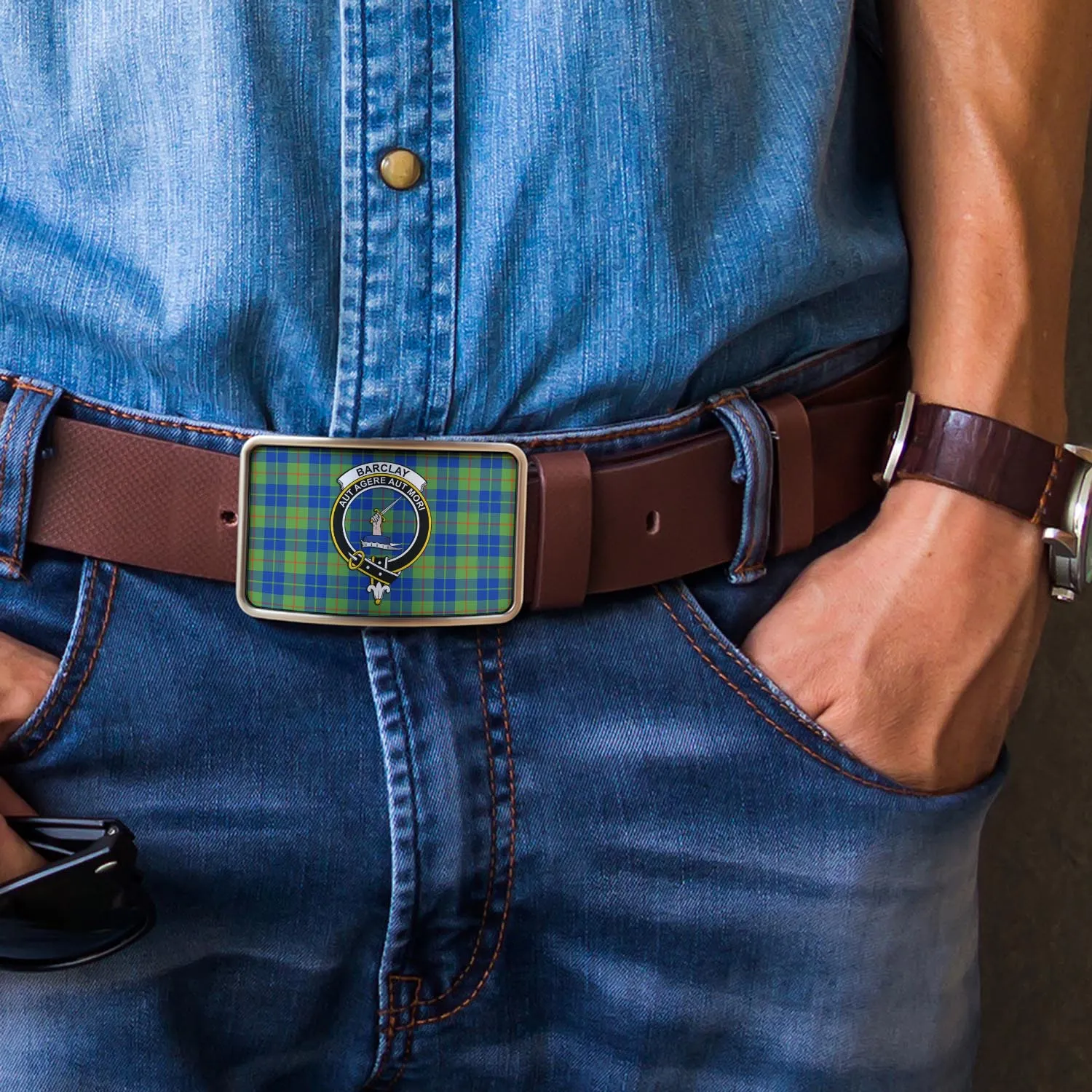 Barclay Hunting Ancient Tartan Belt Buckles with Family Crest