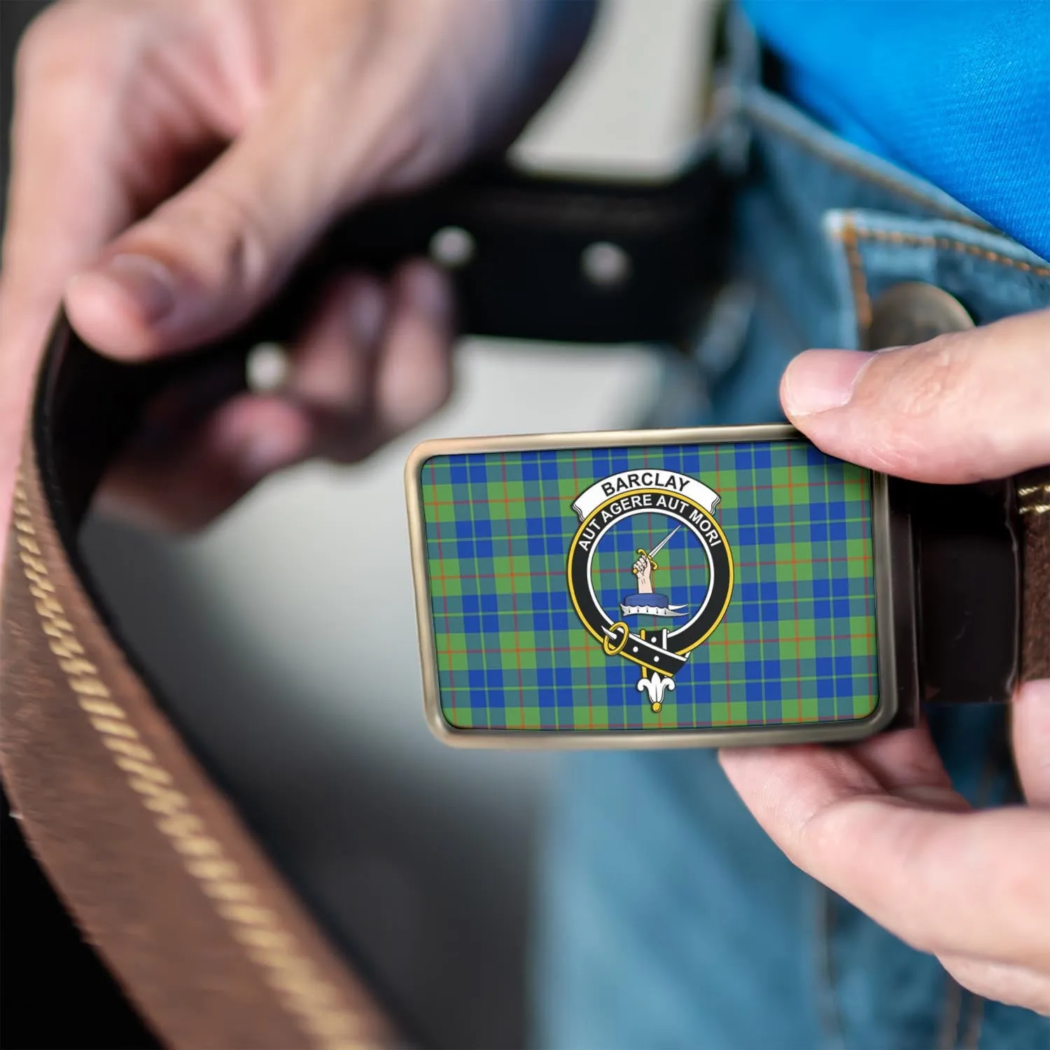 Barclay Hunting Ancient Tartan Belt Buckles with Family Crest