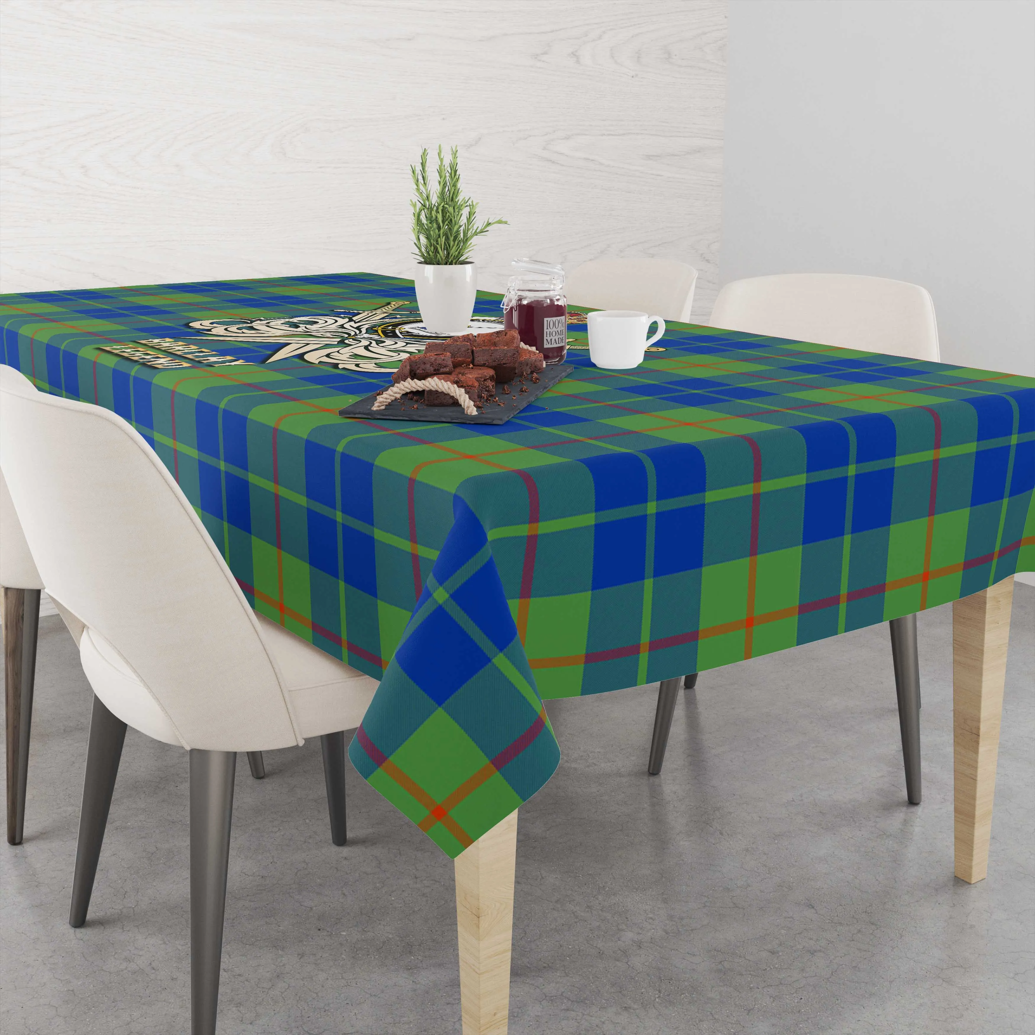 Barclay Hunting Ancient Tartan Tablecloth with Clan Crest and the Golden Sword of Courageous Legacy