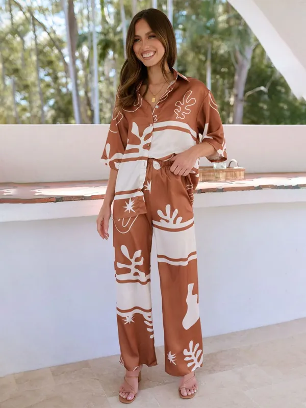 Beachside Women's Vacay Print 2 Piece Loose Outfit Shirt & Pants