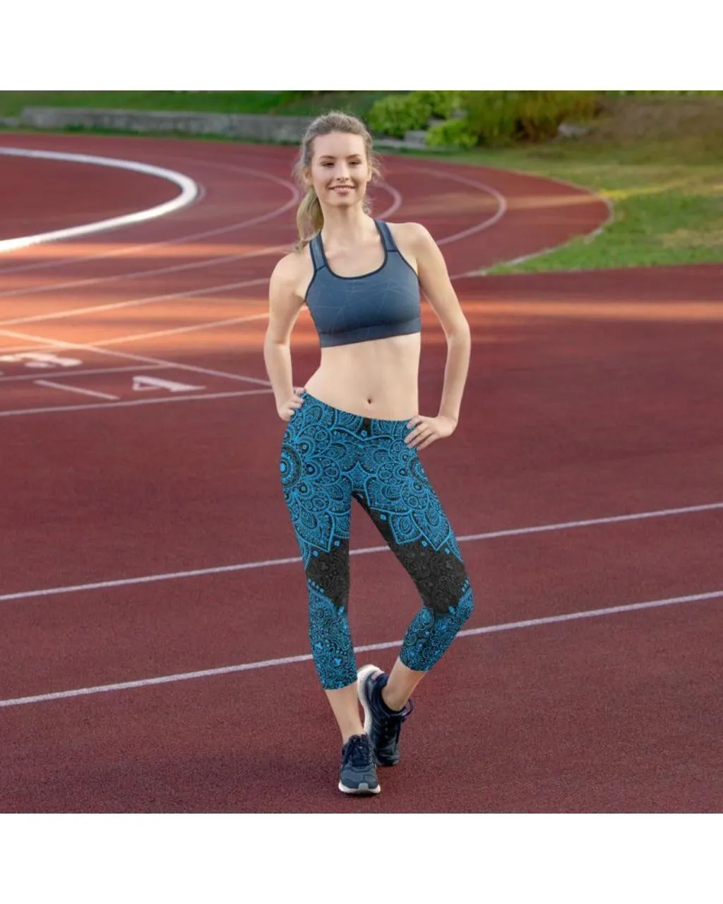 Black and Cyan Blue Mandala Capris