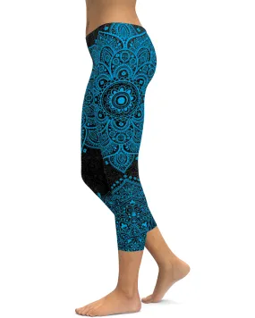 Black and Cyan Blue Mandala Capris