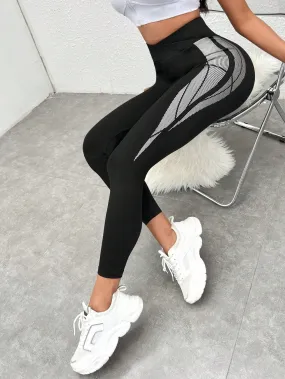 Black Colorblock Wideband High Waist Cropped Sports Leggings