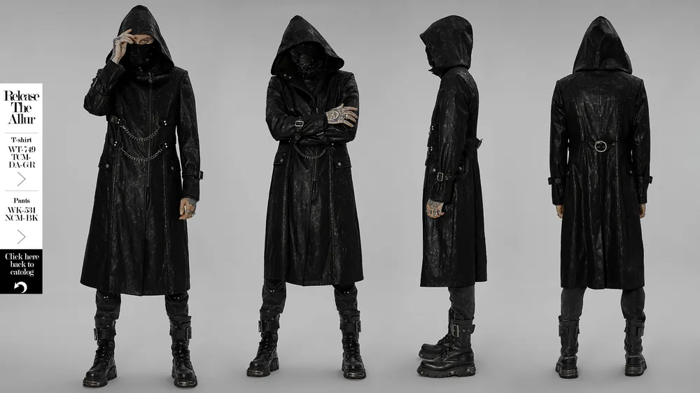 Black Twill Punk Hooded Long Coat with Chain Detail