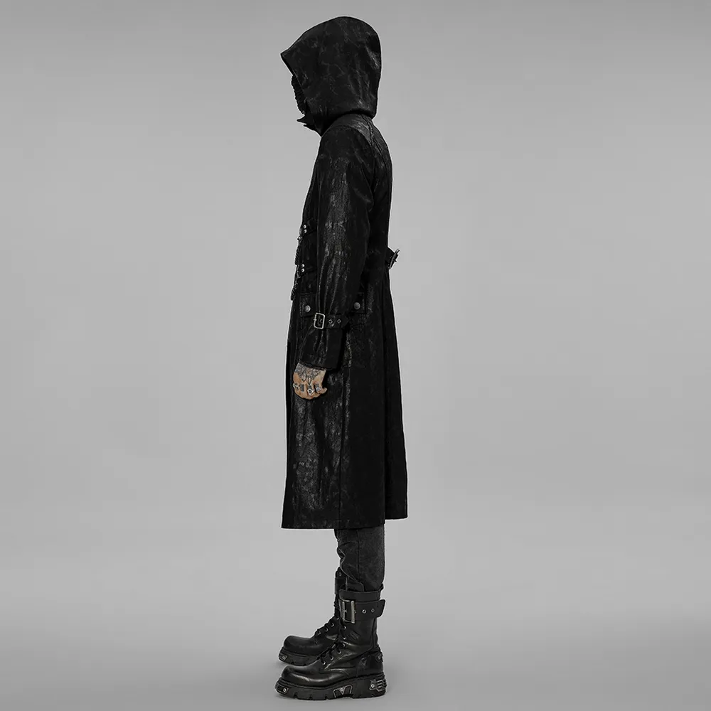 Black Twill Punk Hooded Long Coat with Chain Detail