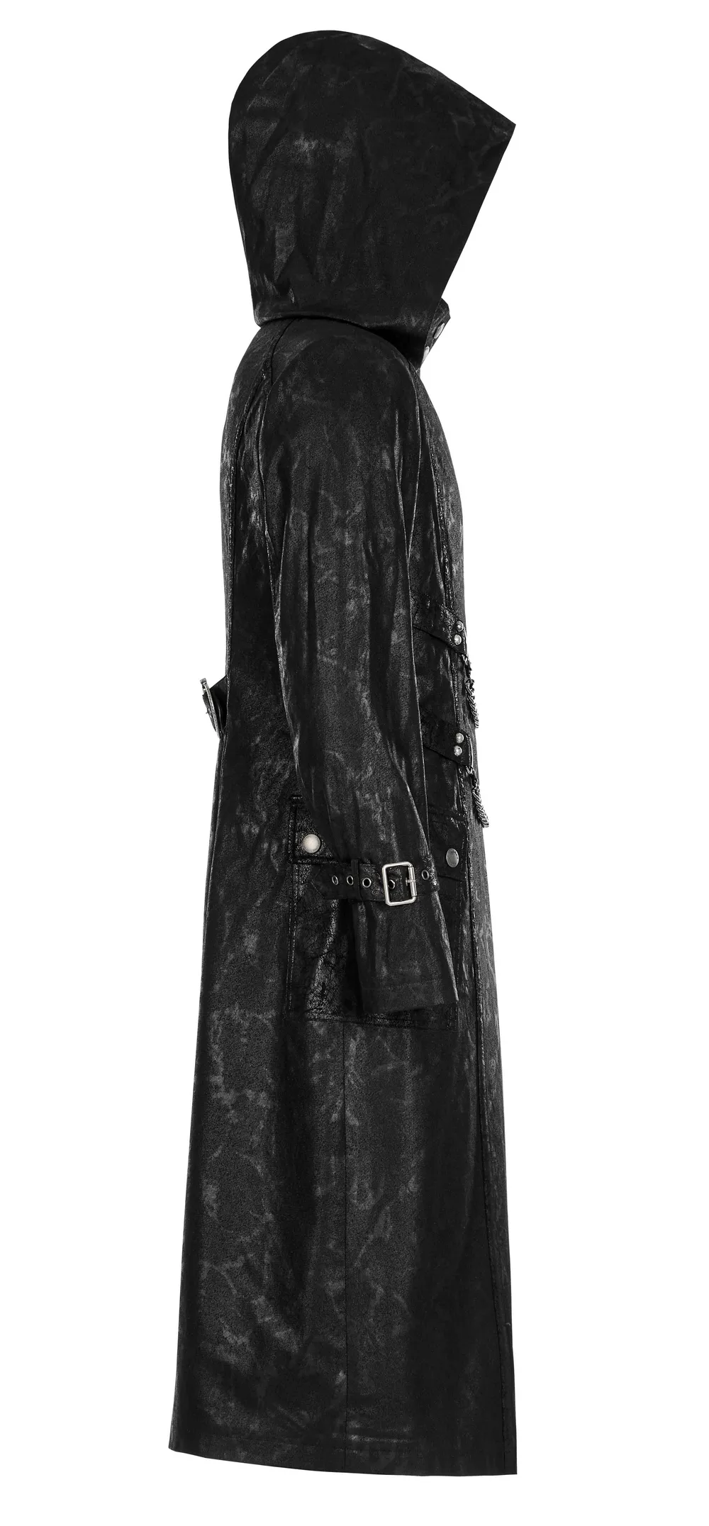 Black Twill Punk Hooded Long Coat with Chain Detail