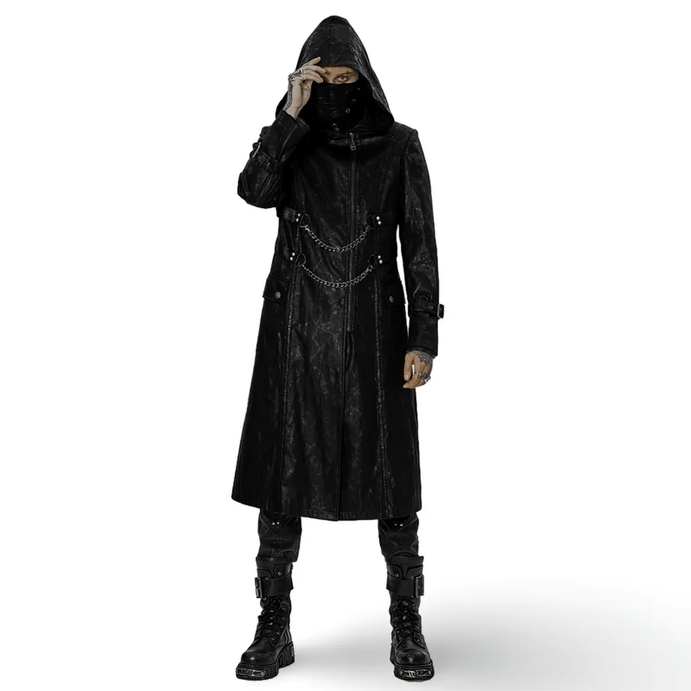 Black Twill Punk Hooded Long Coat with Chain Detail