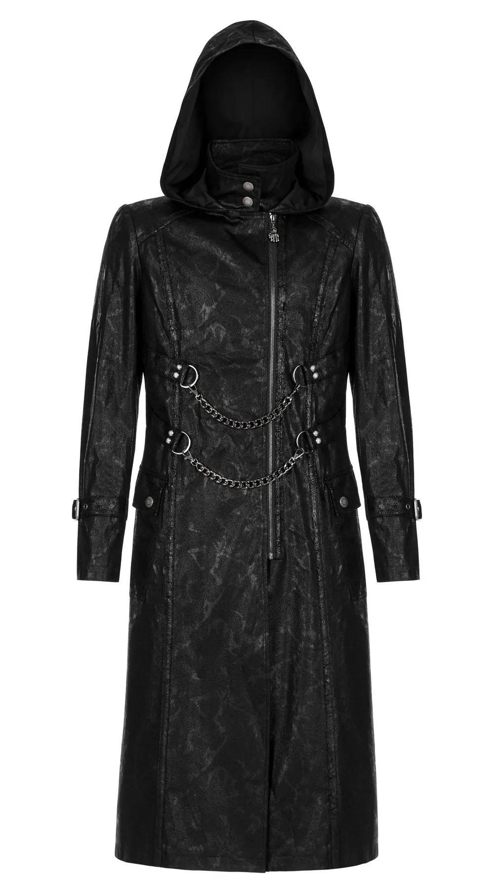 Black Twill Punk Hooded Long Coat with Chain Detail