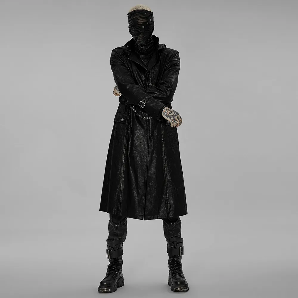 Black Twill Punk Hooded Long Coat with Chain Detail