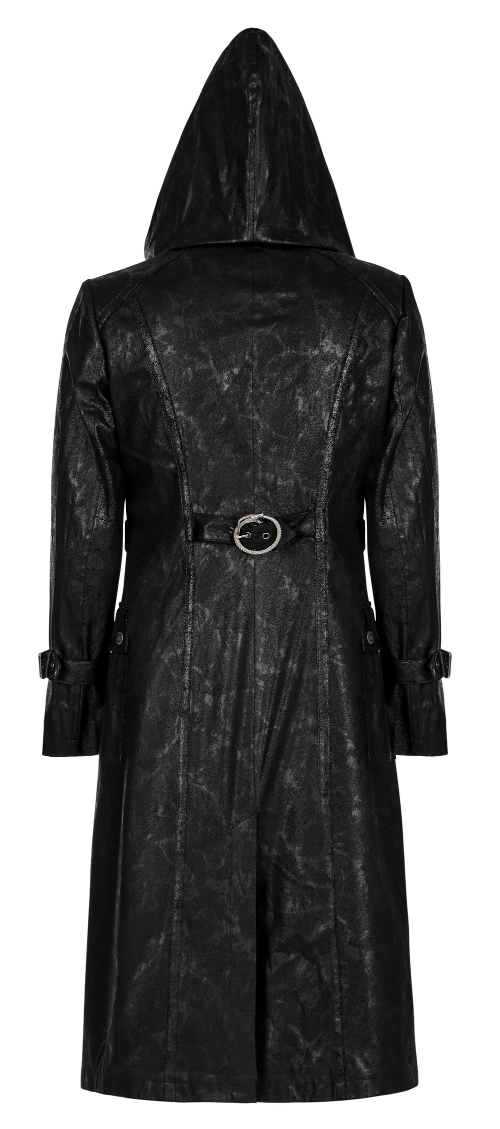 Black Twill Punk Hooded Long Coat with Chain Detail