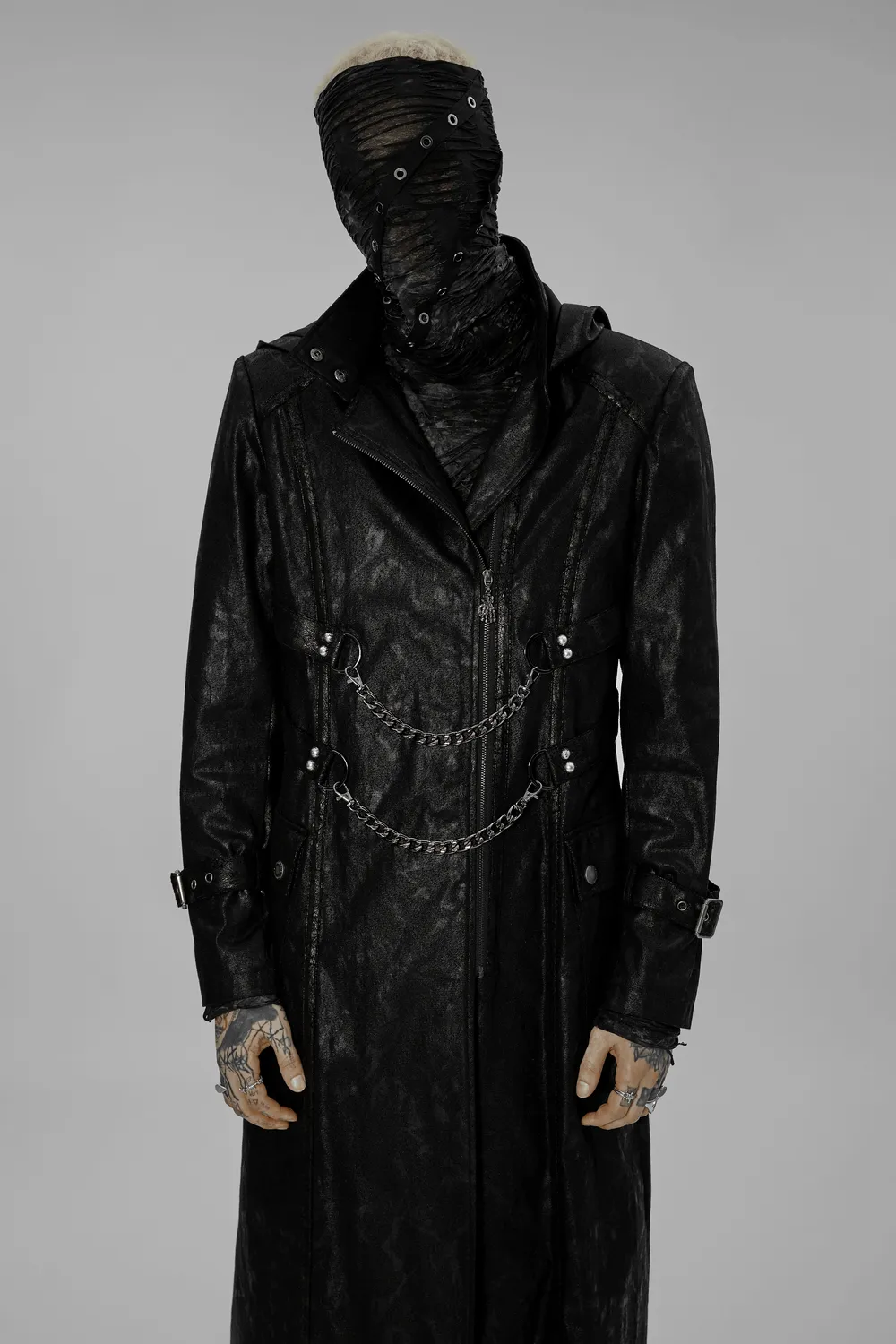 Black Twill Punk Hooded Long Coat with Chain Detail