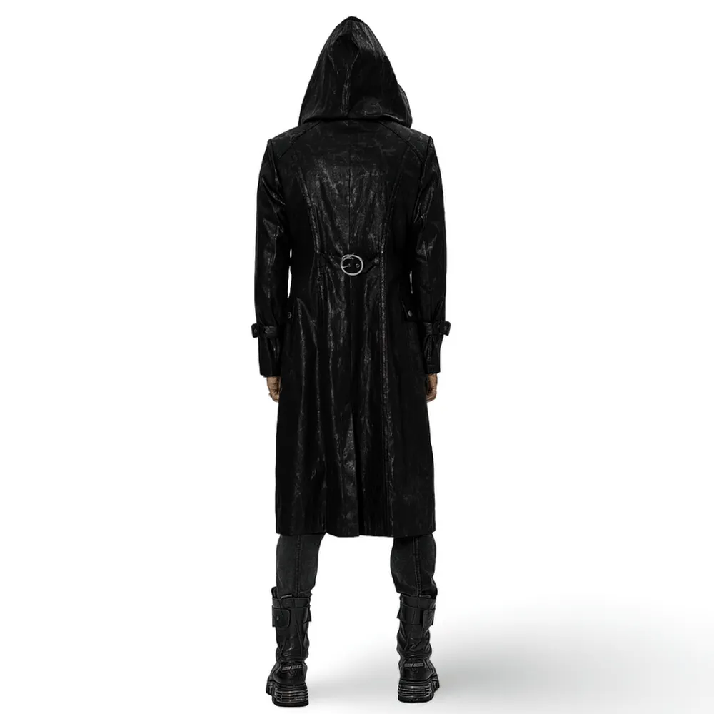 Black Twill Punk Hooded Long Coat with Chain Detail