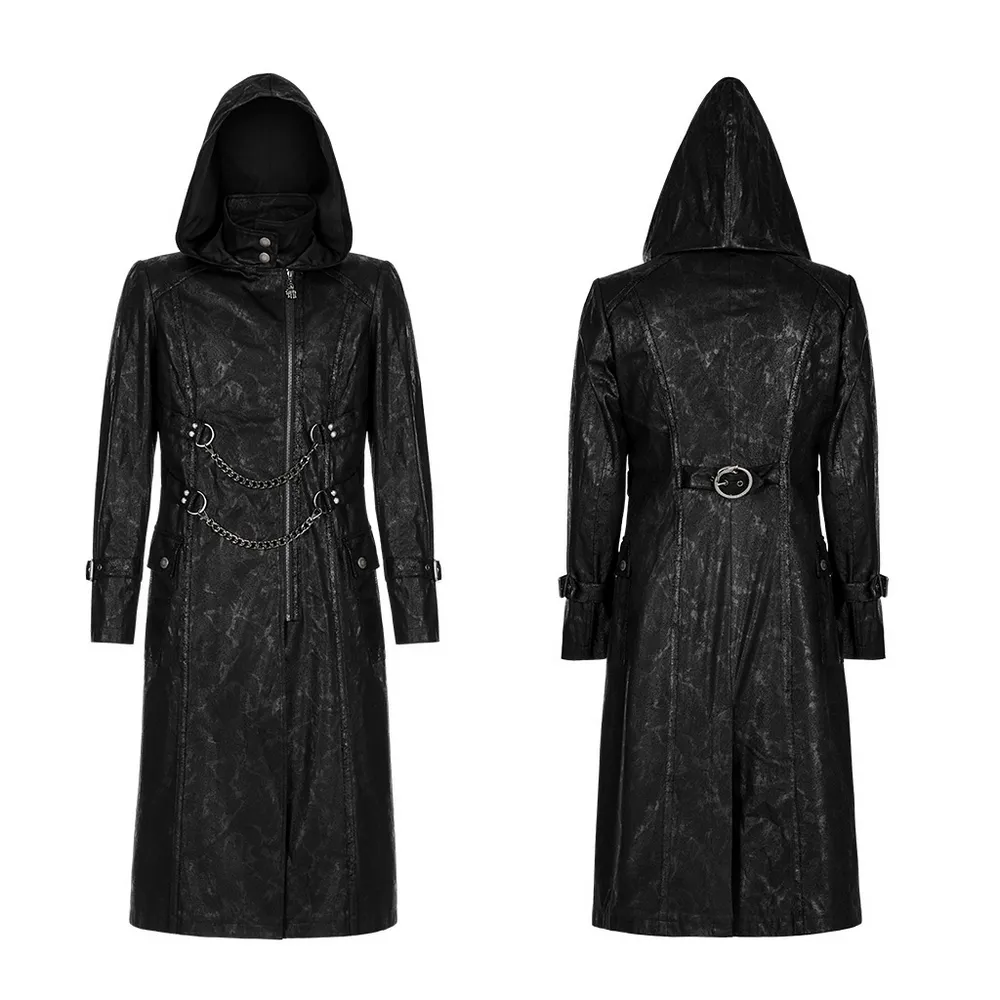 Black Twill Punk Hooded Long Coat with Chain Detail