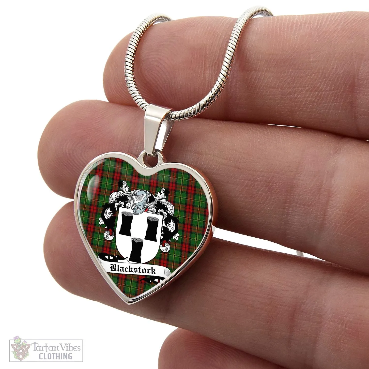 Blackstock Hunting Tartan Heart Necklace with Family Crest