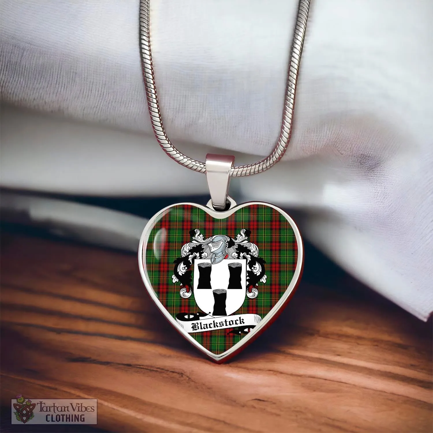 Blackstock Hunting Tartan Heart Necklace with Family Crest