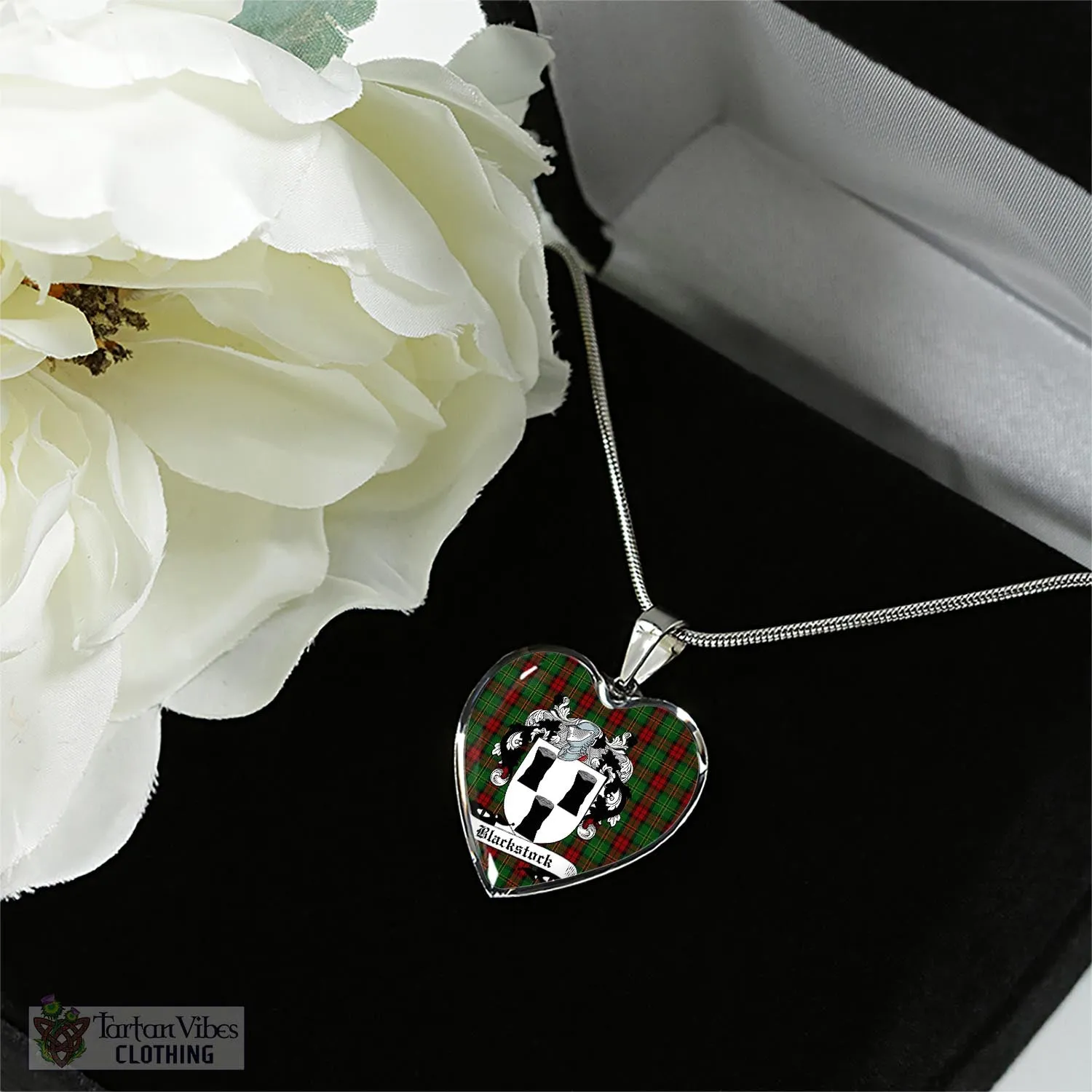 Blackstock Hunting Tartan Heart Necklace with Family Crest