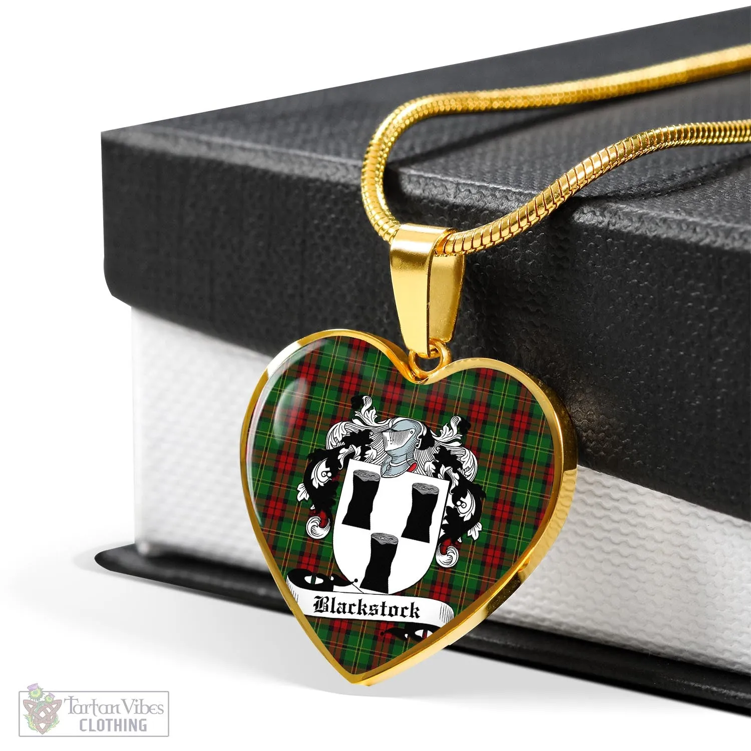 Blackstock Hunting Tartan Heart Necklace with Family Crest