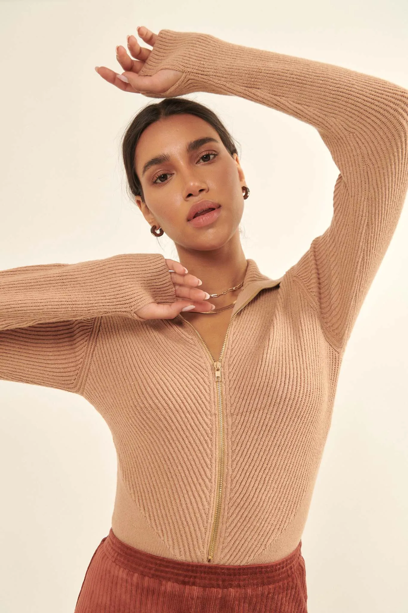 Body Talk Ribbed Knit Zip-Up Sweater Bodysuit