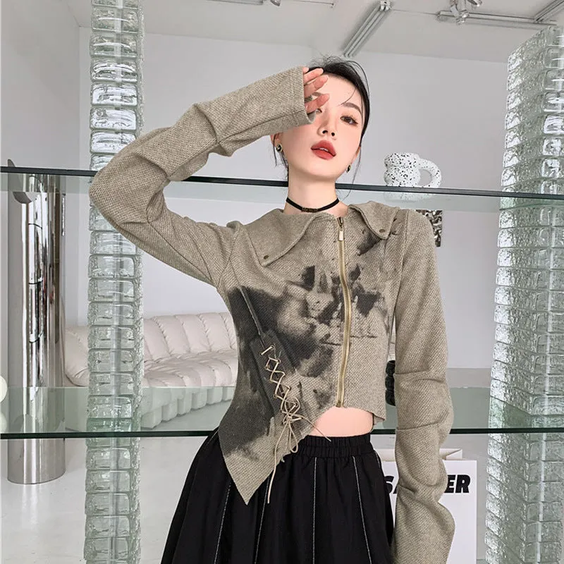 Bonnyshow frat outfits Niche Graffiti Short Coat Women's Long-Sleeved Irregular Printed Lace-up Retro Zipper Cardigan Top