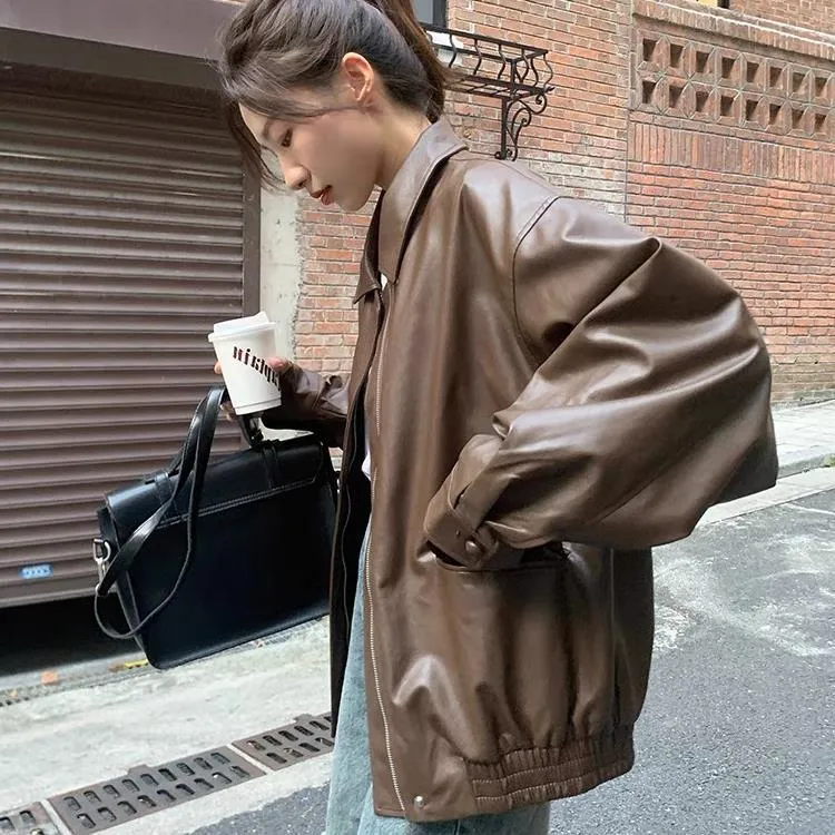 Bonnyshow skater boy outfits Retro Brown Leather Coat Women's Short 2024 Spring and Autumn Small Korean Style Loose Leather Jacket Handsome Motorcycle Jacket