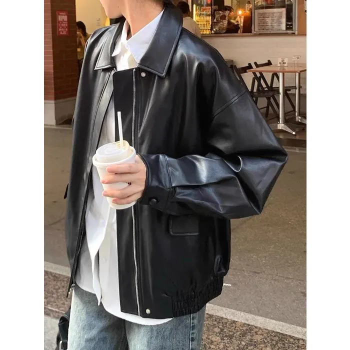 Bonnyshow skater boy outfits Retro Brown Leather Coat Women's Short 2024 Spring and Autumn Small Korean Style Loose Leather Jacket Handsome Motorcycle Jacket